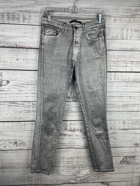 Zara Silver High Rise Skinny Jeans Disco Metallic Shimmer Stretch Bold 6 Y2K